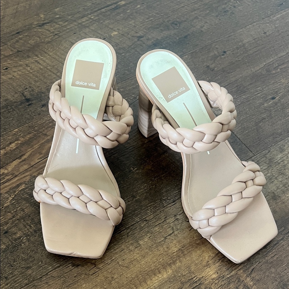 Dolce Vita Braided Double-Strap Block Heel Sandals — Blush Pink